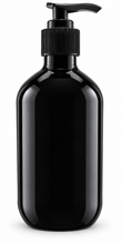 Load image into Gallery viewer, Black PET pump bottle with black pump, filled with product