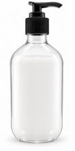Load image into Gallery viewer, Clear PET pump bottle with black pump, filled with product
