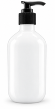 Load image into Gallery viewer, White PET pump bottle with black pump, filled with product
